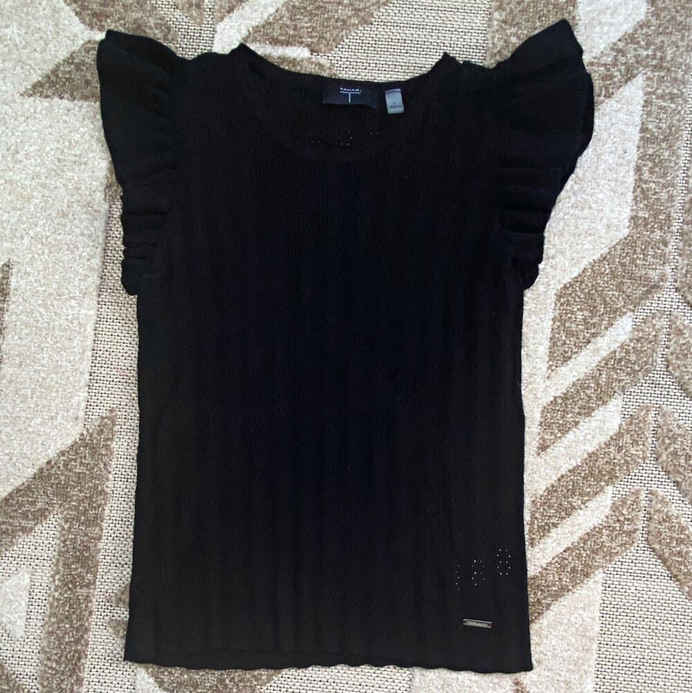 Tahari Black Knit Ruffle Logo Crew Neck Pullover Sweater Women L